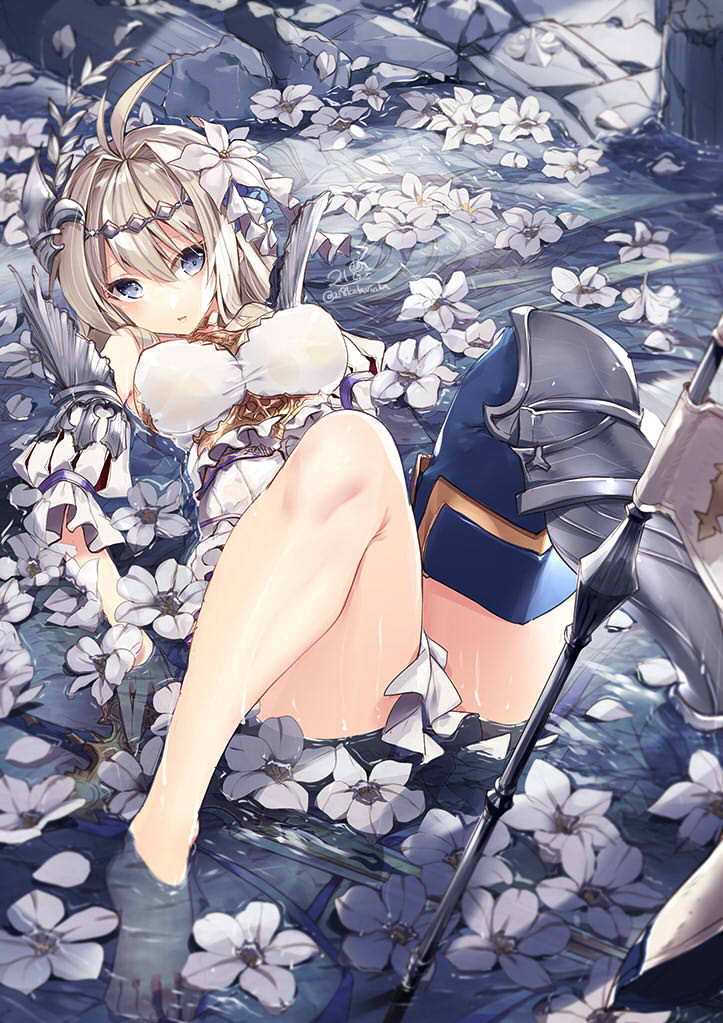 1girl 218 ahoge blonde_hair blue_eyes breasts detached_sleeves flower granblue_fantasy hair_between_eyes hair_flower hair_ornament impossible_clothes jeanne_d'arc_(granblue_fantasy) large_breasts partially_submerged petals single_greave single_thighhigh solo standard_bearer thigh-highs water wet