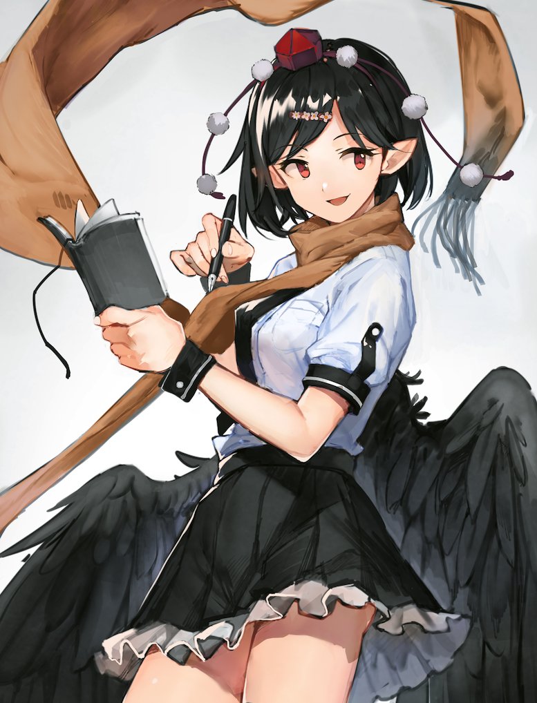 1girl black_hair black_skirt black_wings book cowboy_shot eho_(icbm) feathered_wings frilled_skirt frills grey_background hair_ornament hairclip hat holding holding_book holding_pen open_mouth pen pointy_ears pom_pom_(clothes) red_eyes red_headwear scarf shameimaru_aya shirt short_hair short_sleeves skirt smile solo tokin_hat touhou white_shirt wings wrist_cuffs yellow_scarf