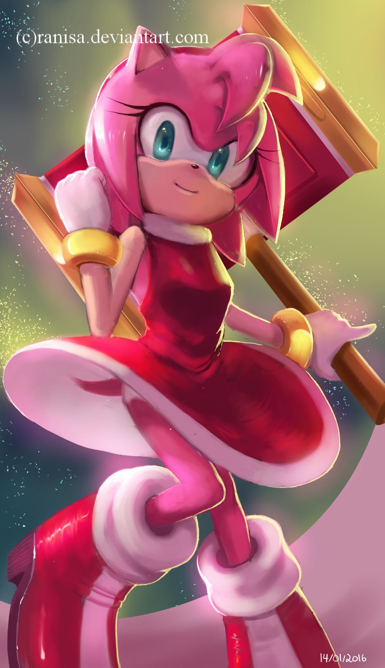 1girl alternate_eye_color amy_rose animal_ears animal_nose artist_name bare_shoulders blue_background blue_eyes boots bracelet breasts closed_mouth dress english_commentary eyelashes furry furry_female gloves gold_bracelet gradient_background hairband hammer hand_up hedgehog_ears hedgehog_girl high_heels highres holding holding_weapon jewelry leg_up looking_at_viewer piko_piko_hammer pink_fur ranisa red_dress red_footwear red_hairband sleeveless sleeveless_dress small_breasts smile socks solo sonic_(series) standing standing_on_one_leg war_hammer weapon white_gloves white_socks yellow_background