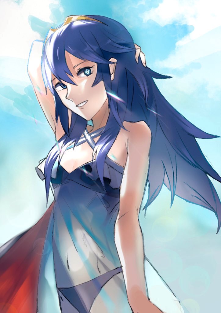 1girl arm_up bare_shoulders bikini blue_eyes blue_swimsuit breasts cape clouds cute fire_emblem fire_emblem:_kakusei fire_emblem_13 fire_emblem_awakening fire_emblem_heroes gimkamres04 hair_ornament intelligent_systems long_hair looking_at_viewer lucina lucina_(fire_emblem) navel nintendo outdoors small_breasts smile solo super_smash_bros. swimsuit symbol_in_eye tiara very_long_hair