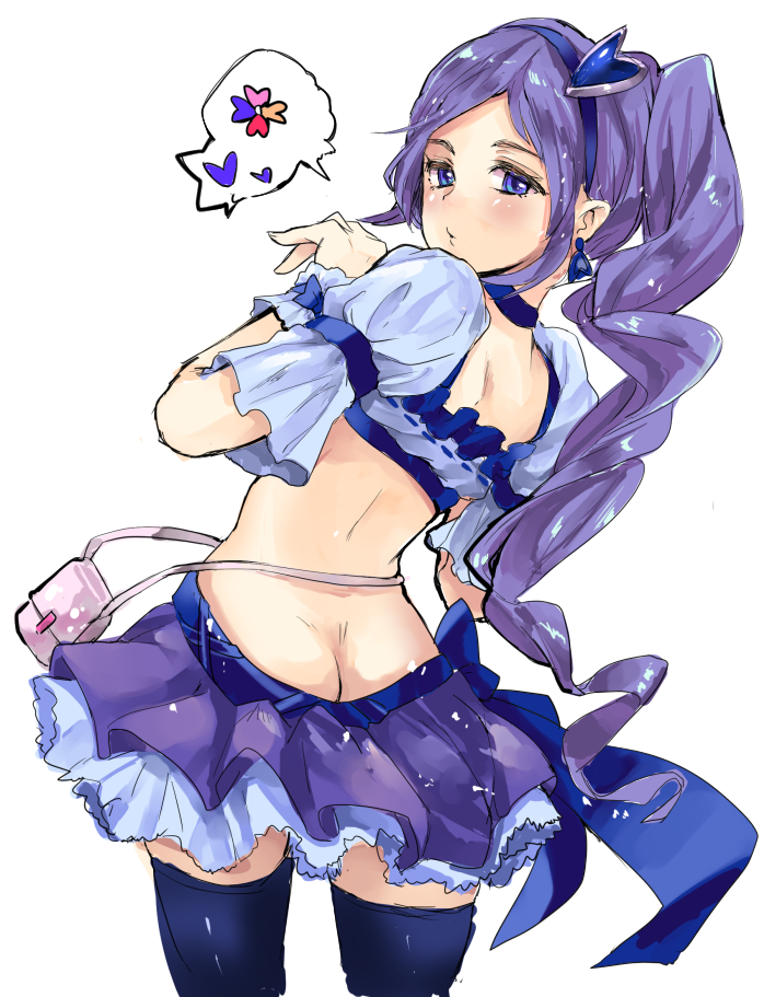 1girl aono_miki bag blue_choker blue_eyes blue_hairband blue_legwear butt_crack choker cowboy_shot cure_berry earrings fresh_precure! from_behind hairband handbag jewelry kuroiwa_shinji long_hair looking_at_viewer looking_back magical_girl miniskirt precure purple_hair purple_skirt side_ponytail simple_background skirt solo speech_bubble thigh-highs very_long_hair white_background wrist_cuffs zettai_ryouiki