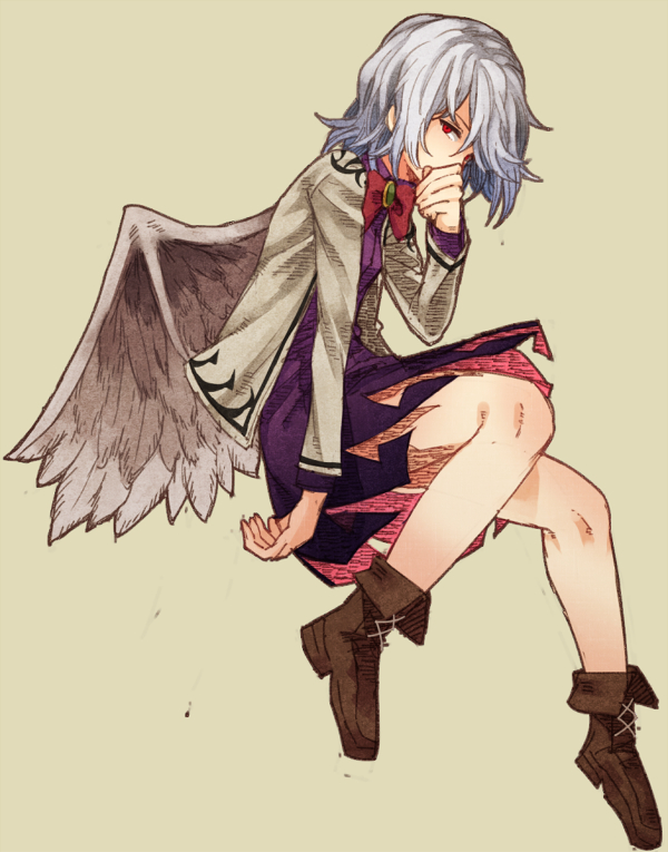1girl boots bow bowtie brown_footwear dress feathered_wings grey_wings jacket jewelry kishin_sagume long_sleeves looking_at_viewer looking_to_the_side purple_dress purple_skirt red_bow red_eyes red_ribbon ribbon short_hair silver_hair simple_background single_wing skirt suit_jacket touhou urin wavy_hair white_hair wings