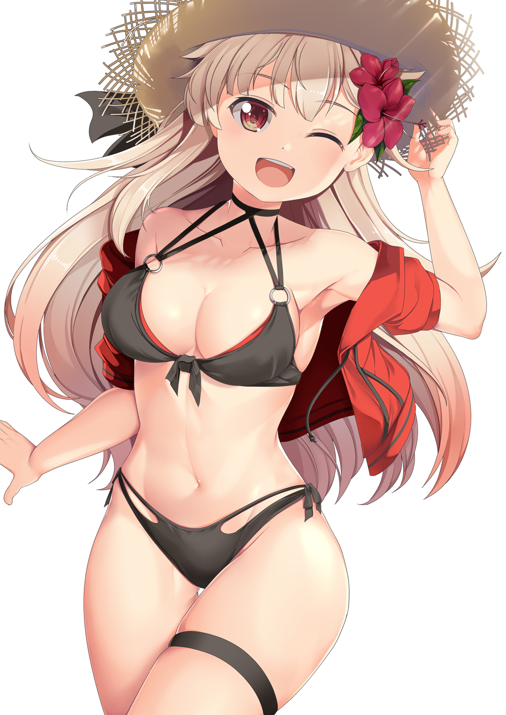 1girl armpits bikini black_bikini blonde_hair blush breasts collarbone cowboy_shot eyebrows_visible_through_hair groin hat highres jacket kantai_collection large_breasts long_hair navel one_eye_closed open_mouth red_eyes red_jacket remodel_(kantai_collection) short_sleeves simple_background smile solo sun_hat swimsuit white_background yasume_yukito yuudachi_(kantai_collection)