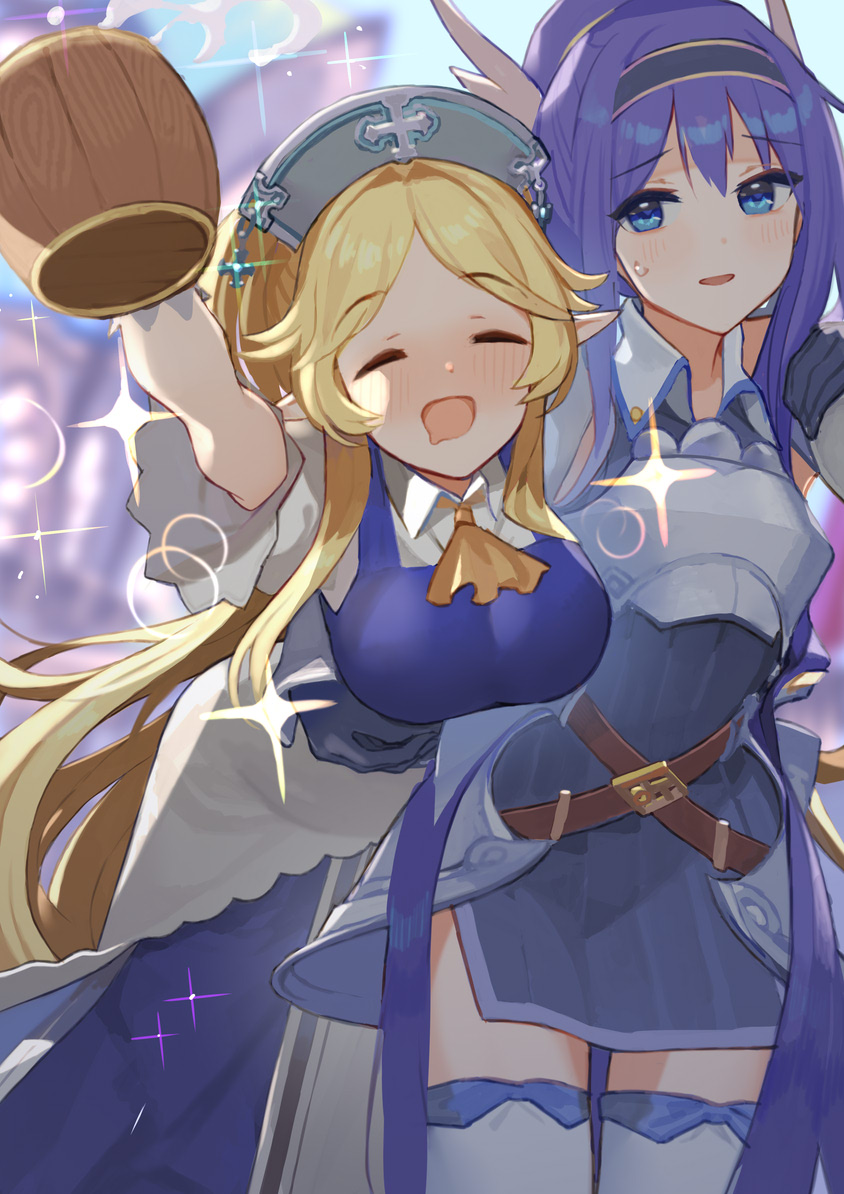 2girls beer_mug belt blonde_hair blue_eyes blue_hair blurry blurry_background blush breastplate breasts closed_eyes collar cup drooling drunk eyebrows_visible_through_hair hairband headwear medium_breasts mifuyu_(princess_connect!) mizopost mug multiple_girls open_mouth pelvic_curtain pointy_ears princess_connect! princess_connect!_re:dive small_breasts sparkle thigh-highs wing_hair_ornament yukari_(princess_connect!)