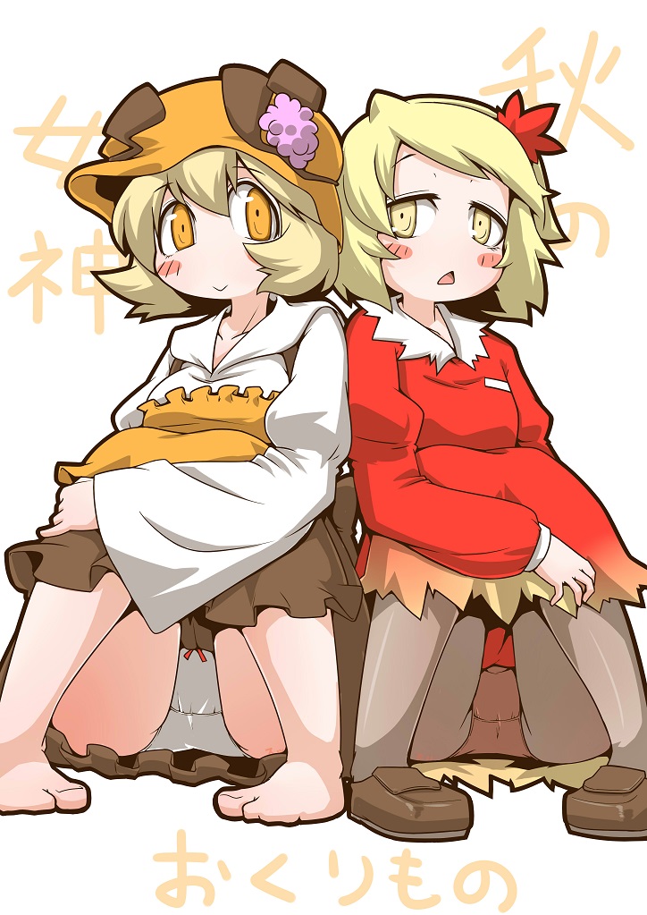 2girls aki_minoriko aki_shizuha artist_name bangs barefoot blonde_hair blush_stickers bow bow_panties brown_dress brown_footwear character_name closed_mouth collared_dress commentary_request crotch_seam dress frown hair_ornament hat leaf_hair_ornament loafers long_sleeves looking_at_viewer medium_dress multiple_girls open_mouth orange_eyes orange_headwear panties panties_under_pantyhose pantyhose pantyshot red_dress sheer_legwear shirt shoes short_hair side-by-side simple_background sitting smile touhou translated triangle_mouth underwear white_background white_panties white_shirt wide_sleeves yellow_eyes zannen_na_hito