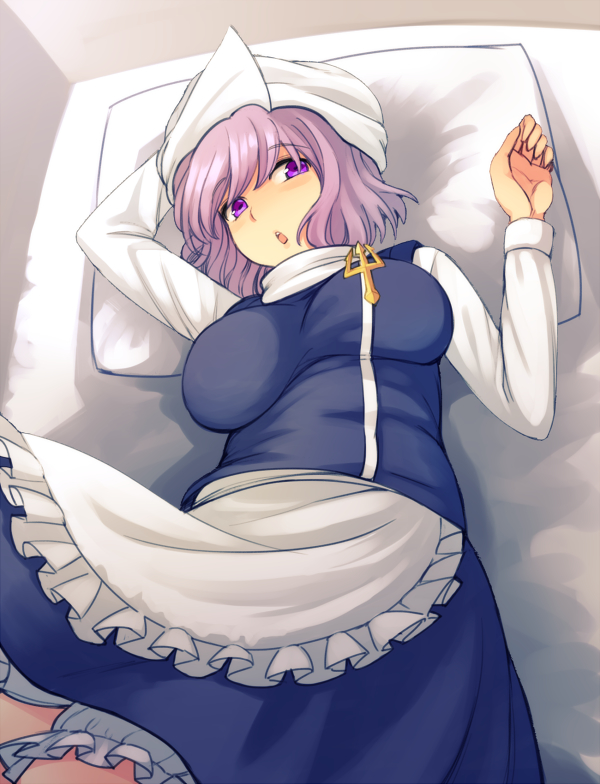 1girl apron blue_dress blue_vest breasts dress eyebrows_visible_through_hair large_breasts lavender_hair letty_whiterock long_sleeves looking_at_viewer lying on_bed open_mouth pillow touhou turtleneck urin vest violet_eyes waist_apron wavy_hair
