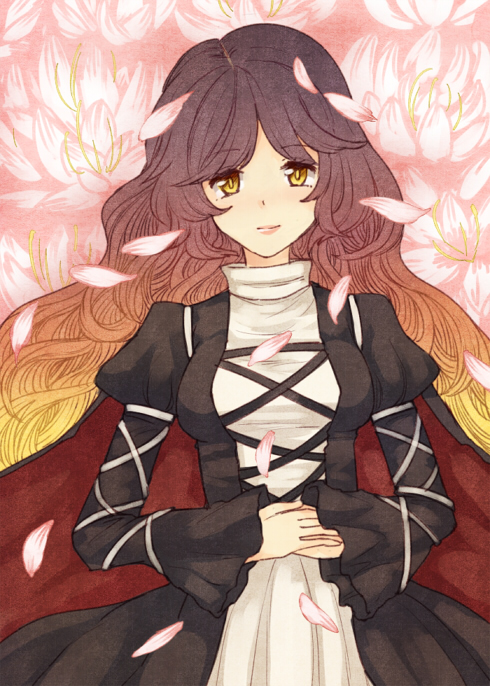 1girl bangs brown_hair cape cross-laced_clothes dress eyebrows_visible_through_hair flower gradient_hair hijiri_byakuren juliet_sleeves layered_dress long_hair long_sleeves looking_at_viewer multicolored_hair petals pink_flower puffy_sleeves purple_hair touhou turtleneck_dress two-tone_hair urin wavy_hair yellow_eyes