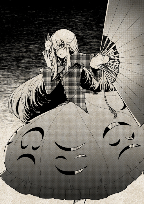 1girl bubble_skirt circle fan floating_hair fox_mask frilled_skirt frills hata_no_kokoro holding holding_fan long_hair long_skirt long_sleeves looking_at_viewer mask mask_on_head monochrome outstretched_arm plaid plaid_shirt shirt skirt star_(symbol) touhou triangle urin