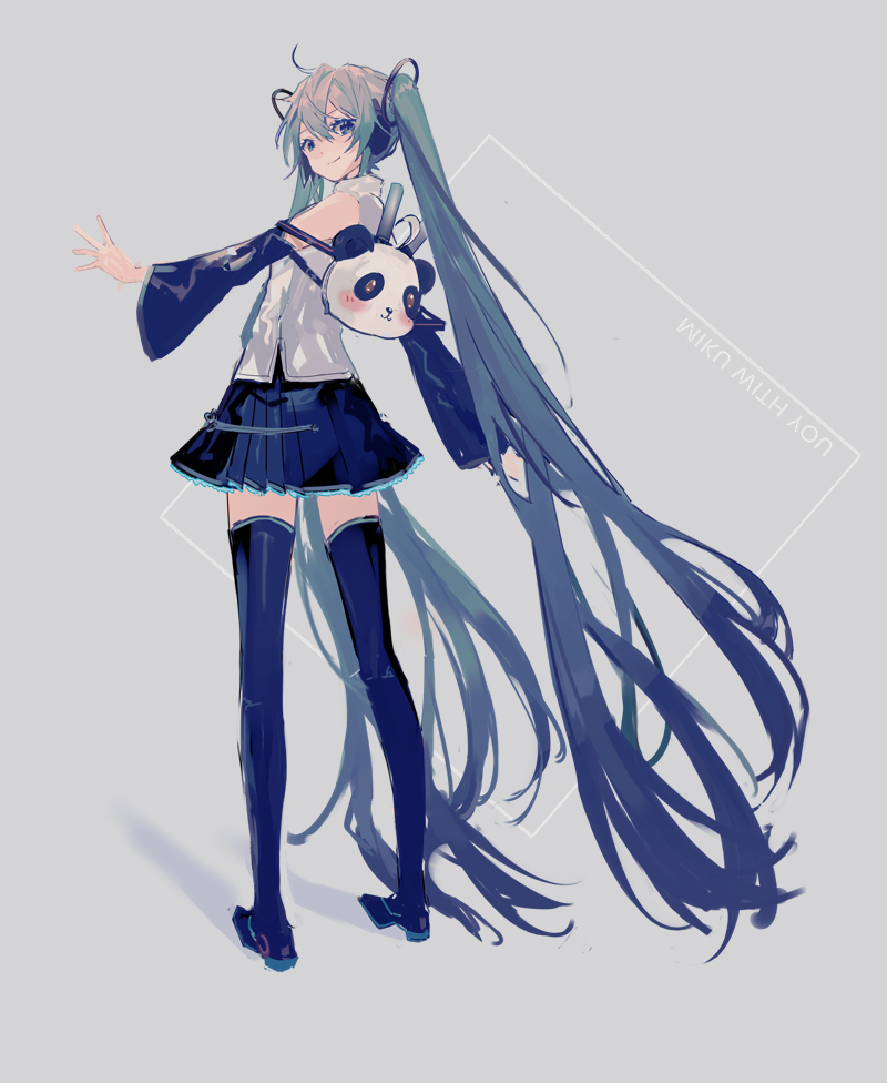 1girl ahoge amatsukiryoyu backpack bag bangs bare_shoulders black_footwear black_legwear black_skirt black_sleeves blue_eyes boots closed_mouth detached_sleeves english_text full_body green_hair grey_background hair_between_eyes hair_ornament hatsune_miku long_hair long_sleeves looking_at_viewer looking_back mirror_writing pleated_skirt shadow shirt skirt sleeveless sleeveless_shirt smile solo standing thigh-highs thigh_boots twintails very_long_hair vocaloid white_shirt wide_sleeves