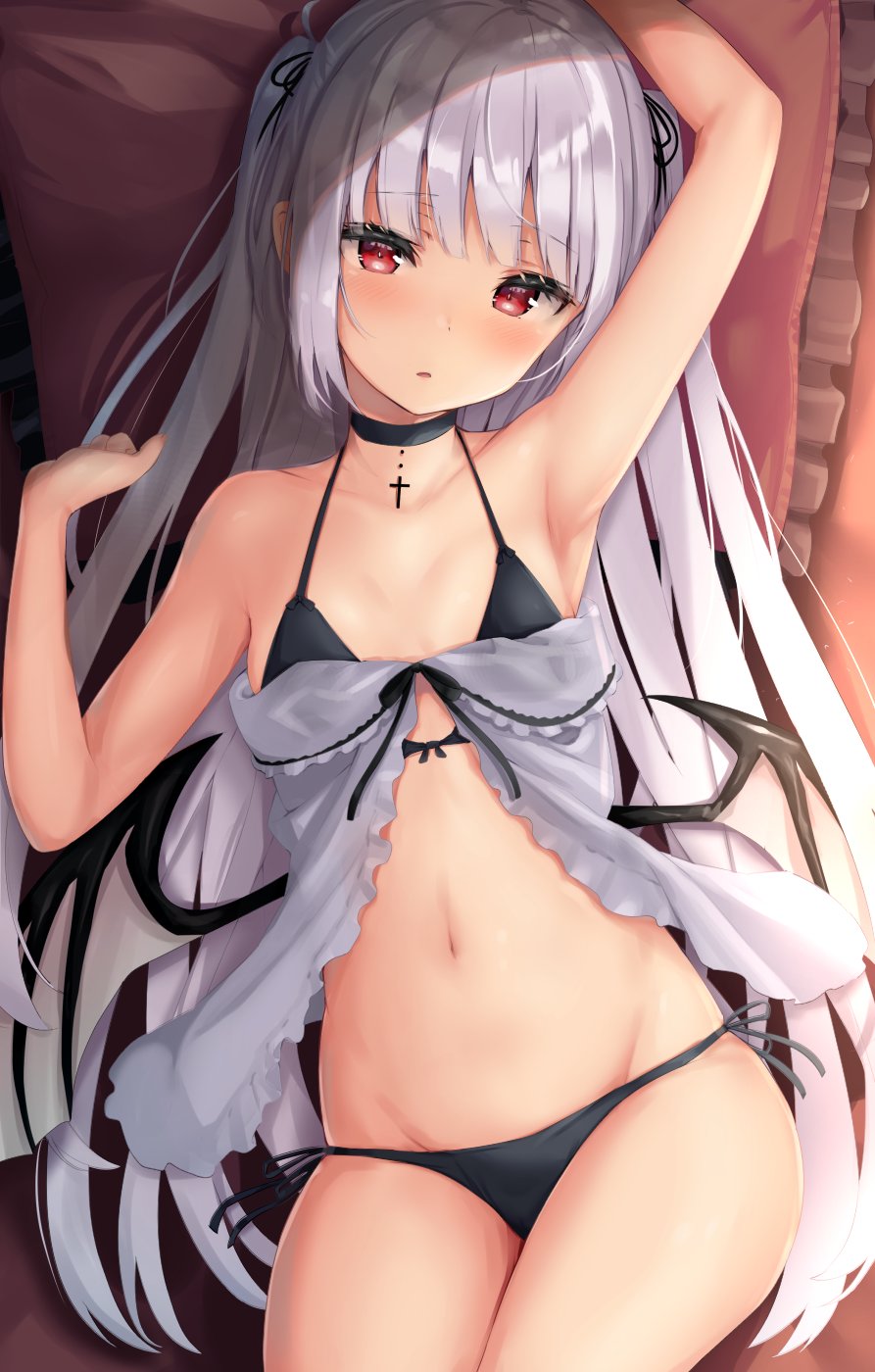 1girl arm_up armpits babydoll bare_arms bare_shoulders bikini black_bikini black_choker breasts choker collarbone cross demon_wings groin halter_top halterneck hand_up highres long_hair looking_at_viewer lying mini_wings navel on_back original parted_lips pillow red_eyes reinama side-tie_bikini silver_hair small_breasts solo stomach string_bikini swimsuit thighs two_side_up very_long_hair wings