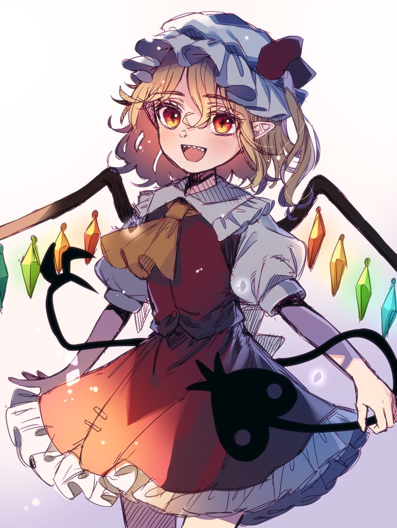 1girl blonde_hair commentary cowboy_shot crystal flandre_scarlet gradient gradient_background hat laevatein medium_hair mob_cap open_mouth pointy_ears puffy_short_sleeves puffy_sleeves red_eyes red_skirt red_vest retota sharp_teeth shirt short_sleeves side_ponytail skirt smile solo teeth touhou vest white_headwear white_shirt wings yellow_neckwear