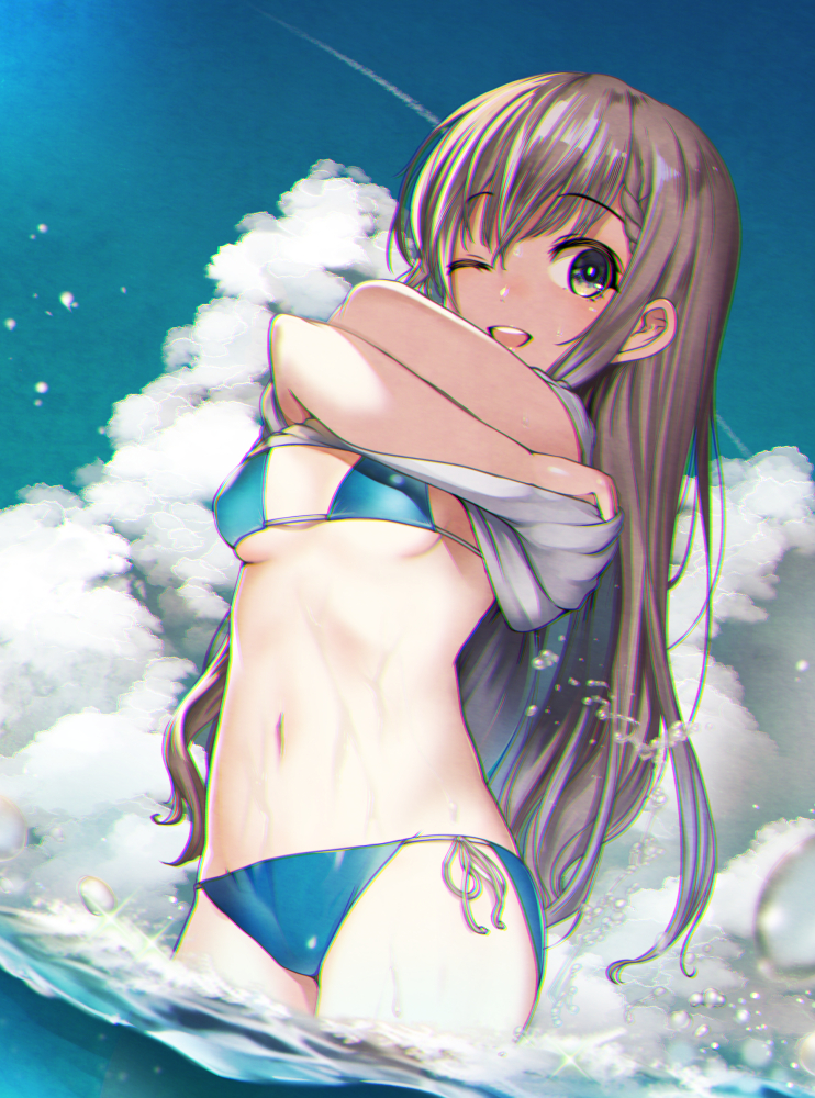 1girl ;d bikini bikini_under_clothes blue_bikini blue_sky blush breasts brown_hair clouds commentary_request condensation_trail cowboy_shot day green_eyes grey_shirt hisakawa_hayate idolmaster idolmaster_cinderella_girls katase_yuu lifted_by_self long_hair looking_at_viewer navel one_eye_closed open_mouth outdoors ribbon shirt shirt_lift short_sleeves side-tie_bikini sky small_breasts smile solo splashing stomach swimsuit under_boob undressing very_long_hair water white_ribbon