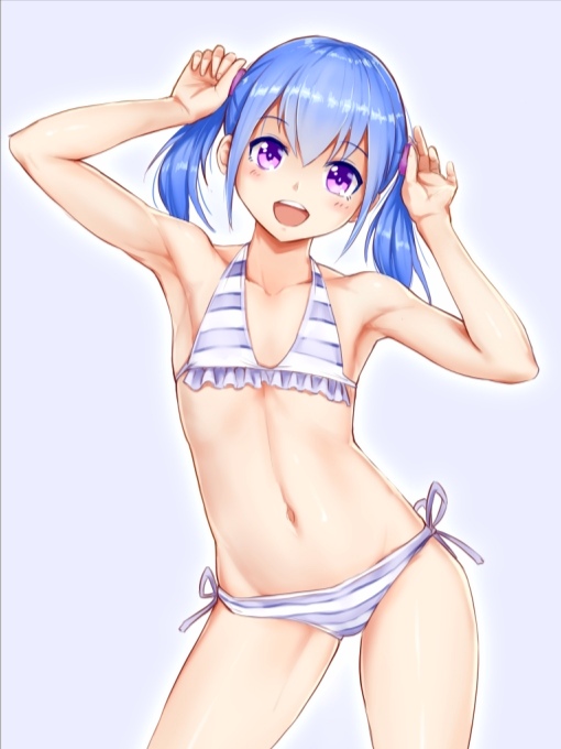 1girl aomoro arms_up bikini blue_hair collarbone commentary_request cowboy_shot flat_chest looking_at_viewer navel open_mouth original side-tie_bikini smile solo standing striped striped_bikini swimsuit twintails upper_teeth violet_eyes