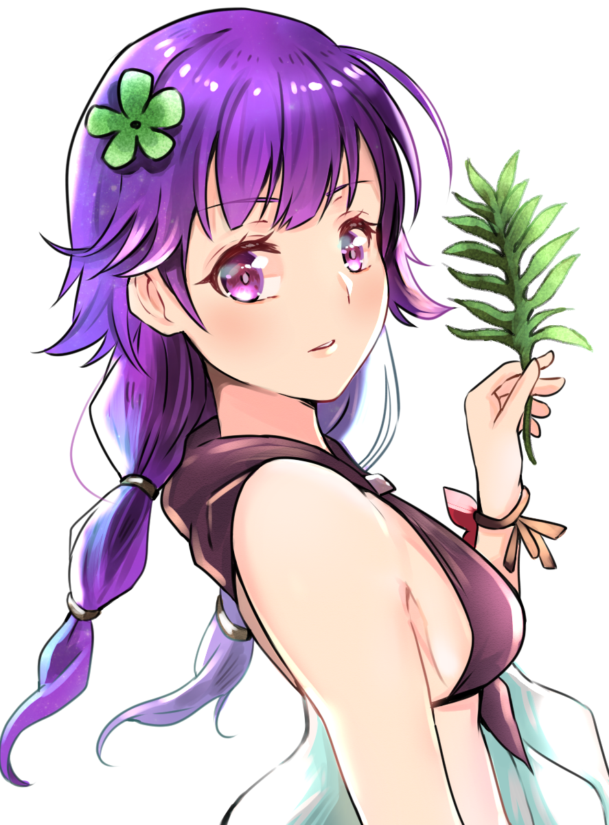 1girl bangs bikini bracelet breasts eyebrows_visible_through_hair fire_emblem fire_emblem:_the_sacred_stones fire_emblem_heroes flower hair_flower hair_ornament highres jewelry leaf long_hair looking_at_viewer lute_(fire_emblem) parted_lips purple_hair satukiseki_jo666 sideboob small_breasts swimsuit tied_hair upper_body violet_eyes white_background