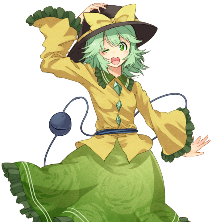 1girl black_headwear blush bow collared_shirt eyeball eyebrows_visible_through_hair floral_print frilled_sleeves frills green_eyes green_hair green_skirt hat hat_bow hat_ribbon komeiji_koishi long_sleeves one_eye_closed open_mouth ribbon shirt simple_background skirt string third_eye touhou urin wavy_hair white_background wide_sleeves yellow_bow yellow_ribbon yellow_shirt