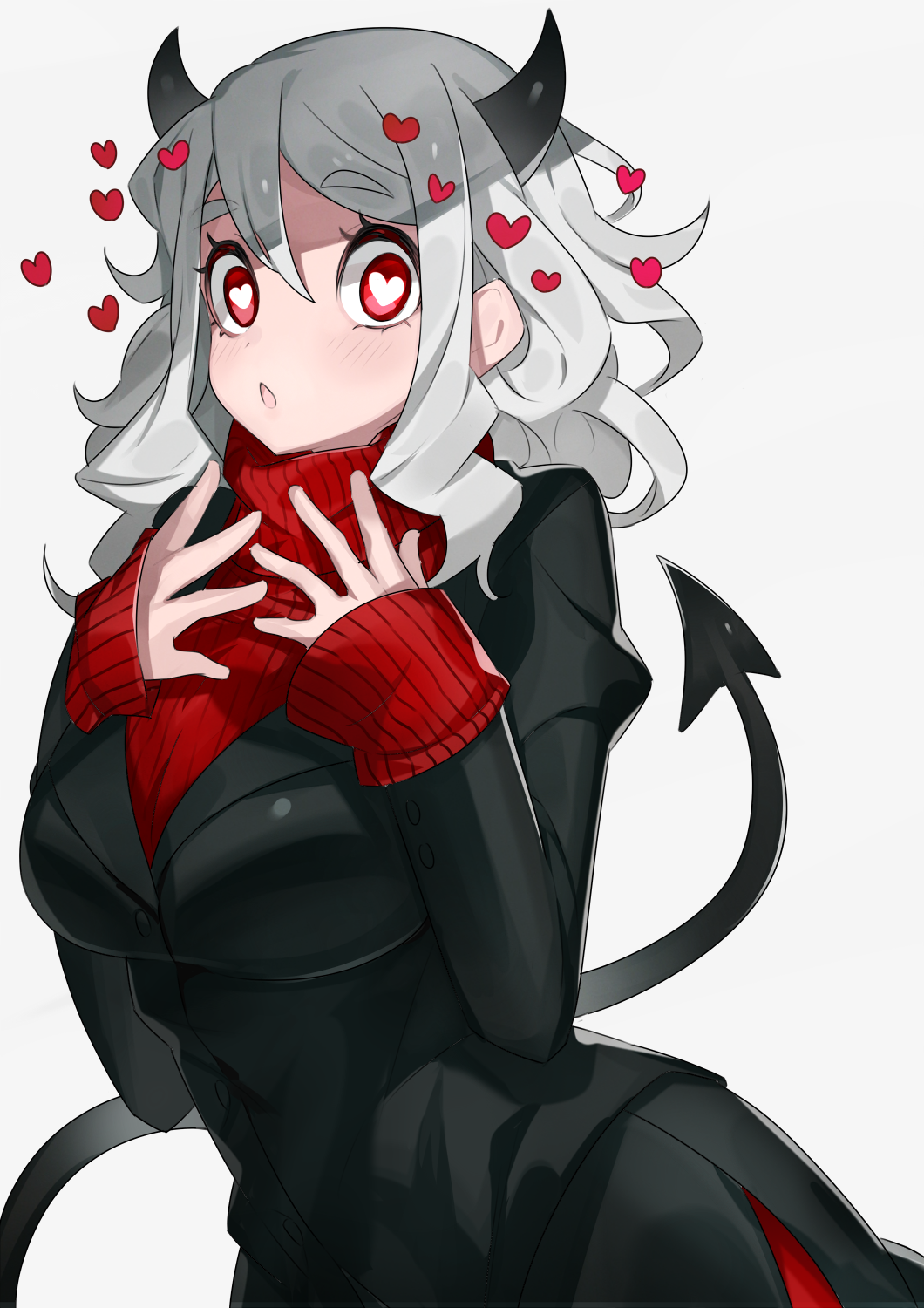 1girl black_horns black_suit blush breasts commentary demon_girl demon_horns demon_tail eyebrows_visible_through_hair grey_background hair_between_eyes heart heart-shaped_pupils helltaker highres horns large_breasts long_sleeves looking_at_viewer modeus_(helltaker) muraki_(owantogohan) open_mouth painttool_sai_(medium) red_eyes red_sweater ribbed_sweater short_hair simple_background sleeves_past_wrists solo sweater symbol-shaped_pupils tail turtleneck white_hair
