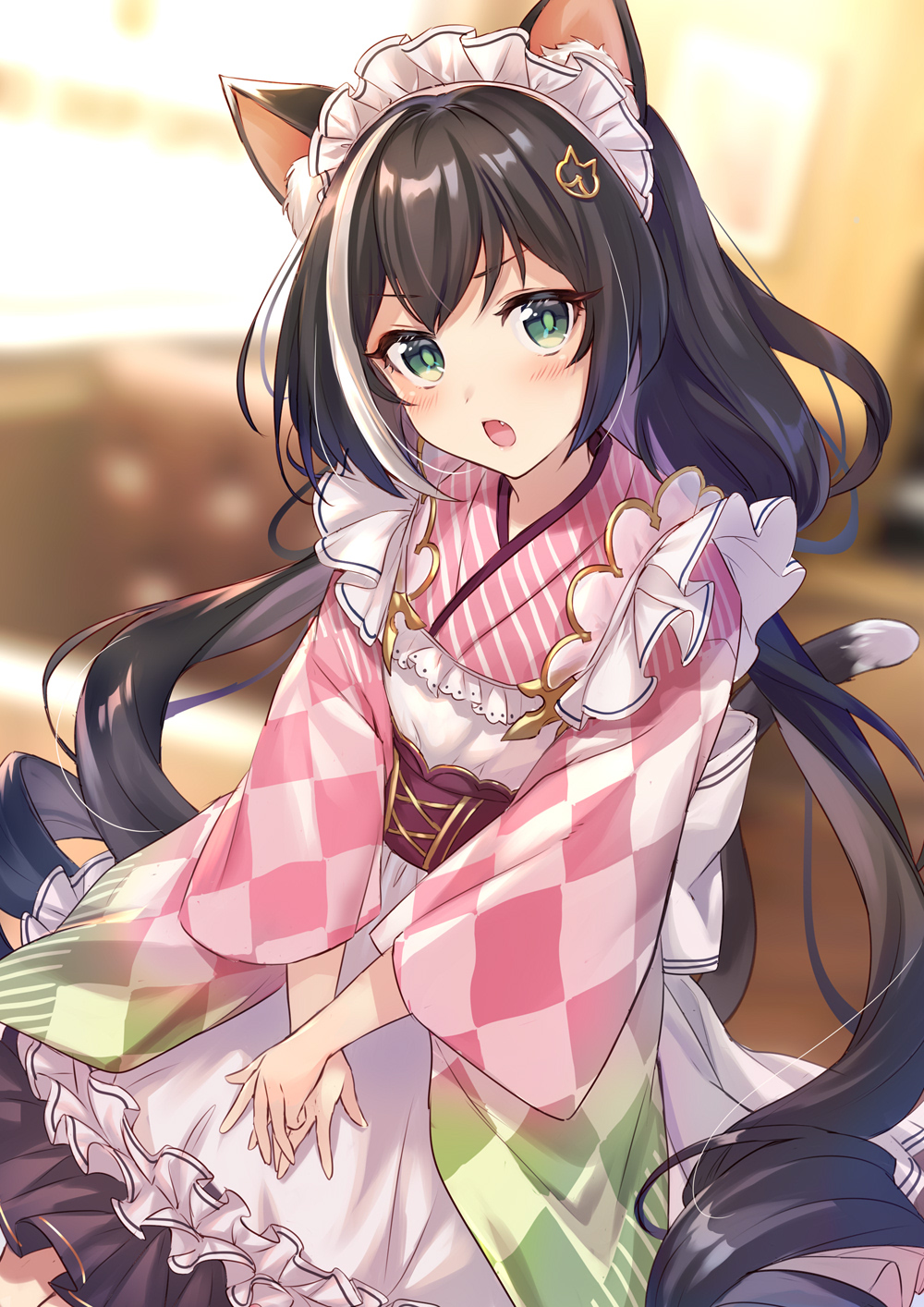 1girl animal_ear_fluff animal_ears apron bangs black_hair blurry blurry_background blush cat_ears cat_girl cat_hair_ornament cat_tail checkered checkered_kimono commentary depth_of_field eyebrows_visible_through_hair fang frilled_apron frills green_eyes hair_between_eyes hair_ornament highres indoors japanese_clothes karyl_(princess_connect!) kimono long_hair long_sleeves looking_at_viewer low_twintails maid_apron maid_headdress multicolored_hair open_mouth own_hands_together pink_kimono princess_connect! princess_connect!_re:dive solo streaked_hair tail twintails very_long_hair wa_maid white_apron white_hair wide_sleeves zof_(kinokoruru)