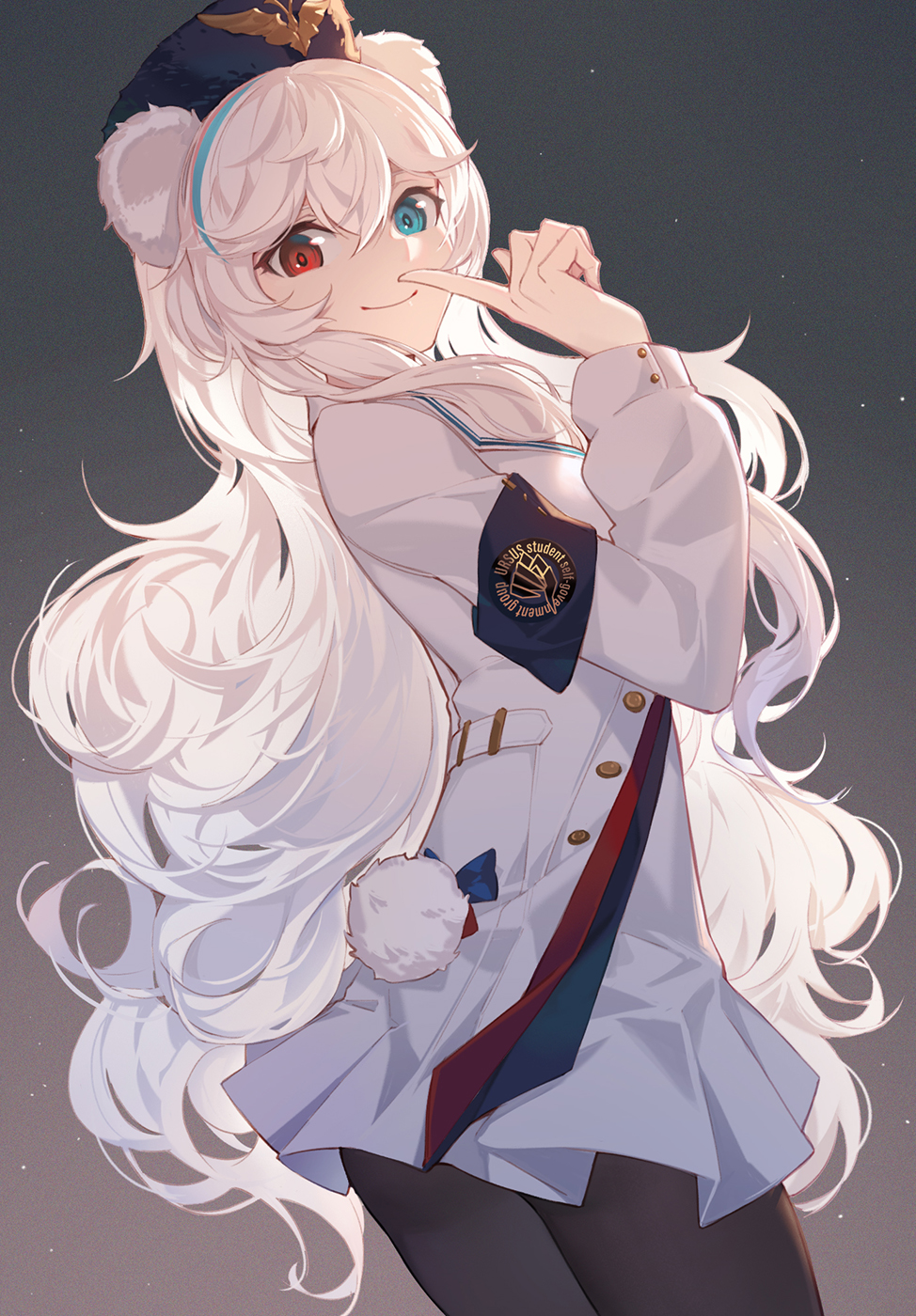 1girl animal_ears arknights armband bear_ears bear_tail black_headwear black_legwear blue_eyes blue_hair chinese_commentary commentary_request cowboy_shot dress gradient gradient_background grey_background hand_up heterochromia highres index_finger_raised long_hair long_sleeves looking_at_viewer multicolored_hair nian panties pleated_dress red_eyes rosa_(arknights) short_dress silver_hair smile solo standing streaked_hair tail underwear very_long_hair white_dress