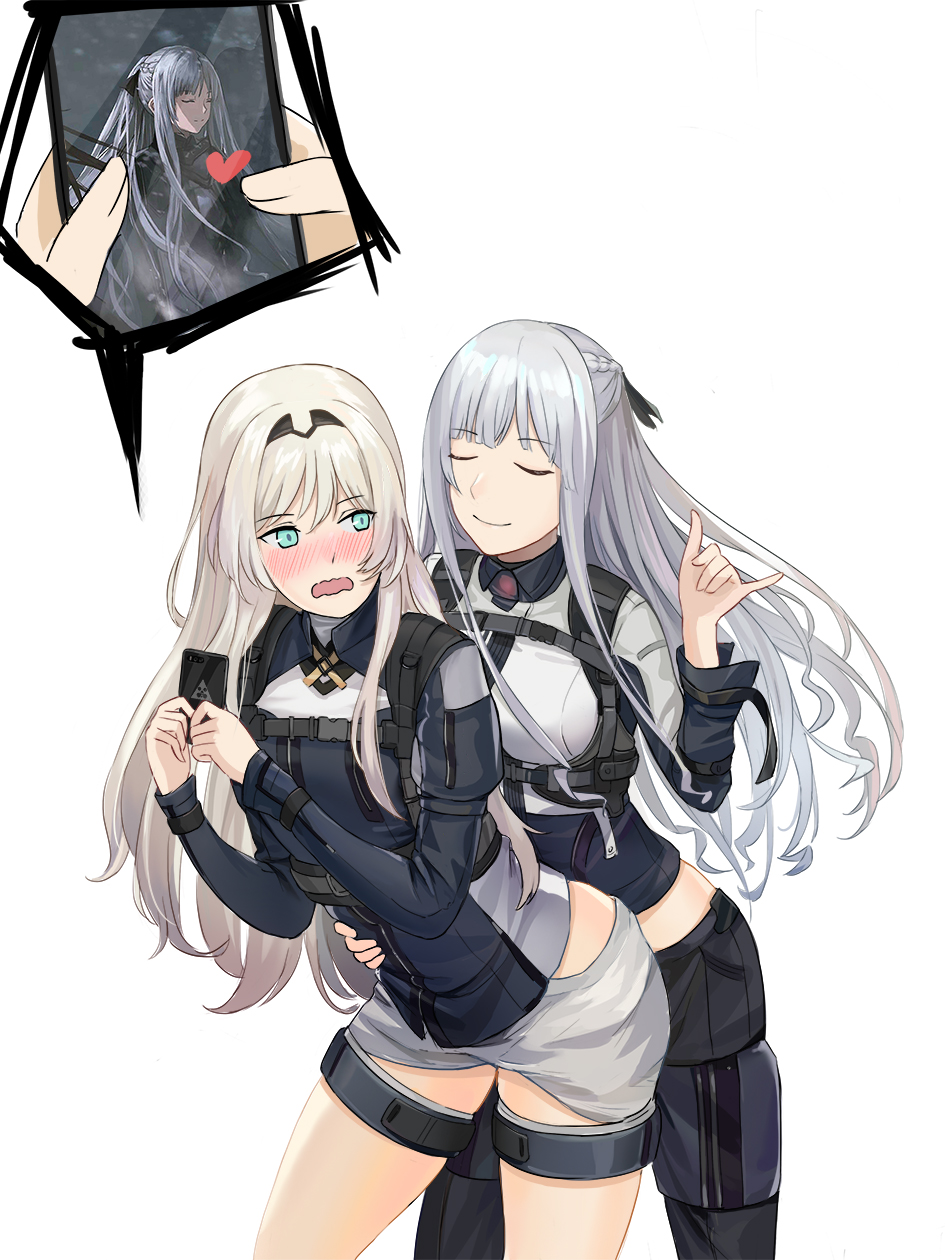 2girls ak-12_(girls_frontline) an-94_(girls_frontline) arm_around_waist bangs blue_eyes blush braid cellphone closed_eyes embarrassed eyebrows_visible_through_hair french_braid girls_frontline grey_shorts heart highres holding holding_phone leaning_forward long_hair midriff moran_(pixiv27824646) multiple_girls open_mouth phone platinum_blonde_hair shorts sidelocks silver_hair smartphone smile standing tactical_clothes thighlet thighs