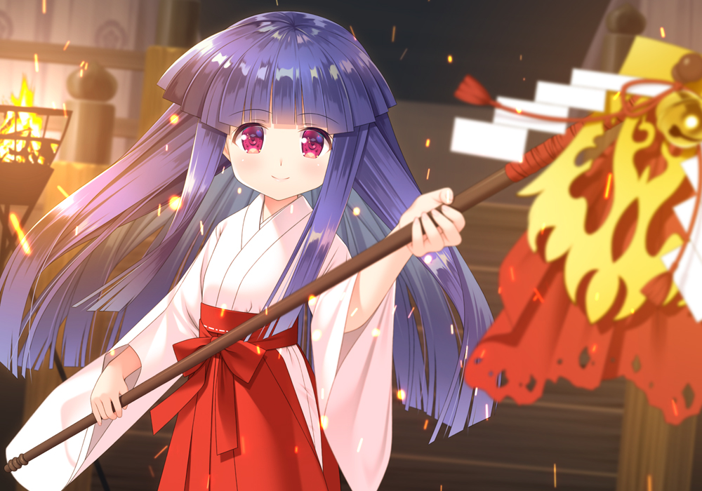 1girl bangs blunt_bangs blurry blurry_background blurry_foreground closed_mouth depth_of_field embers eyebrows_visible_through_hair furude_rika gaou hakama higurashi_no_naku_koro_ni holding japanese_clothes kimono long_hair long_sleeves miko purple_hair red_eyes red_hakama smile solo stairs standing very_long_hair white_kimono wide_sleeves