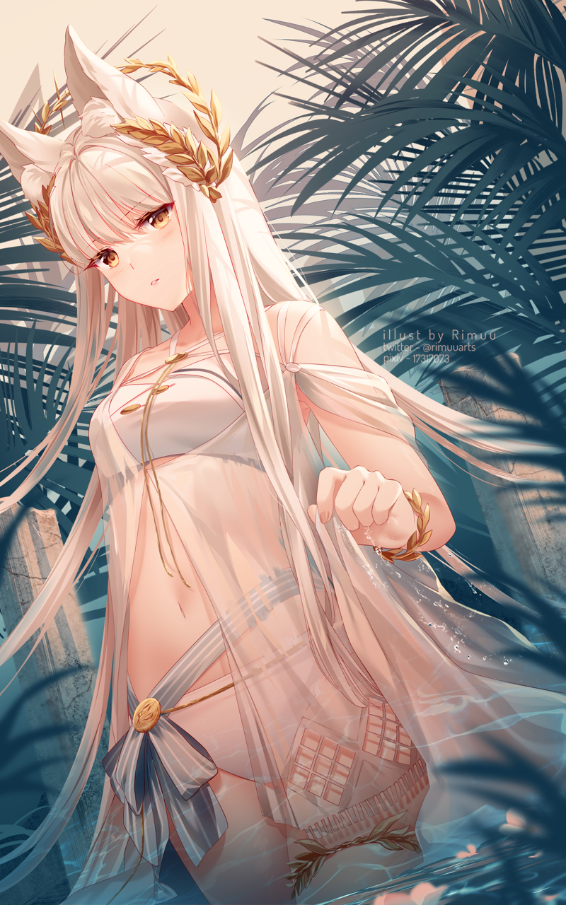 1girl animal_ear_fluff animal_ears arknights bangs bikini breasts eyebrows_visible_through_hair flower hair_ornament halterneck highres horse_ears horse_tail legband long_hair midriff navel palms parted_lips pillar platinum_(arknights) rimuu see-through sidelocks small_breasts swimsuit tail very_long_hair water white_hair yellow_eyes