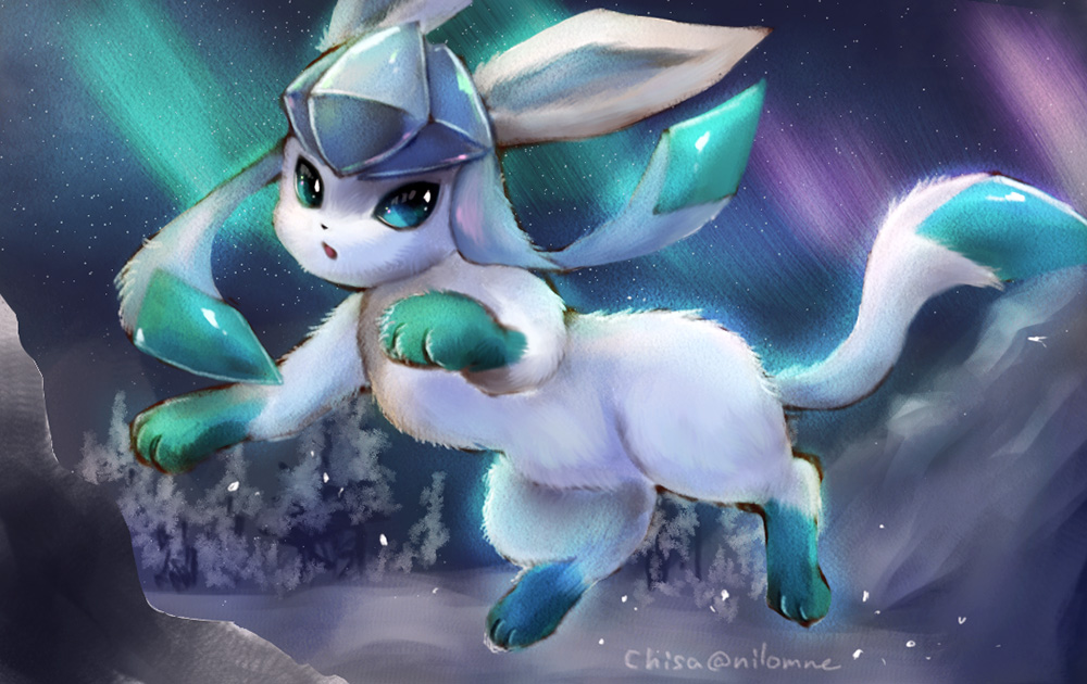artist_name aurora blue_eyes blue_sclera commentary_request full_body gen_4_pokemon glaceon jumping looking_to_the_side momomo12 night no_humans open_mouth outdoors pokemon pokemon_(creature) signature sky snow solo star_(sky) starry_sky tree twitter_username