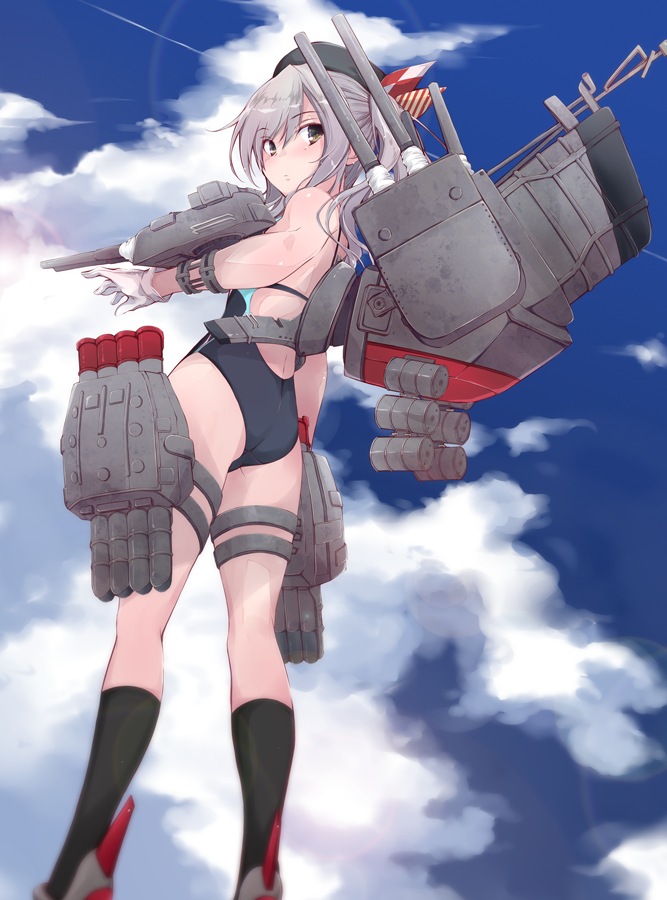 1girl adapted_turret black_legwear blue_eyes blue_sky cannon clouds commentary_request competition_swimsuit from_behind from_below gloves grey_eyes kantai_collection kashima_(kantai_collection) kneehighs looking_at_viewer looking_back machinery one-piece_swimsuit rudder_footwear sidelocks silver_hair sky smokestack solo standing swimsuit torpedo_launcher tsurime turret twintails wavy_hair white_gloves yumesato_makura