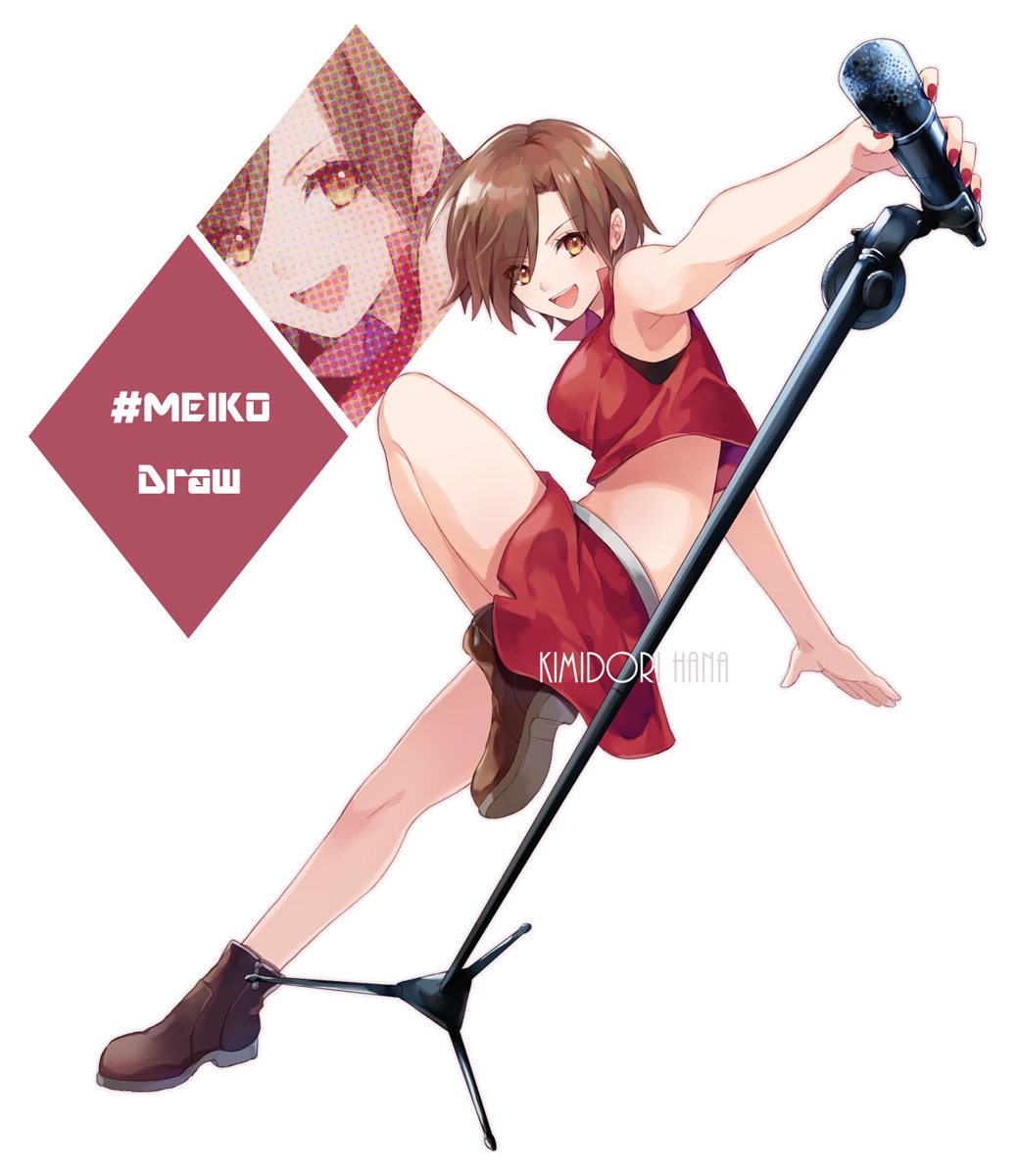 1girl artist_name boots brown_eyes brown_footwear brown_hair character_name commentary crop_top derivative_work foreshortening from_side full_body hana_(mew) hashtag highres holding holding_microphone leg_up looking_at_viewer meiko microphone microphone_stand miniskirt nail_polish open_mouth outstretched_arms projected_inset red_nails red_shirt red_skirt shirt short_hair skirt smile solo standing v-shaped_eyebrows vocaloid vocaloid_boxart_pose white_background