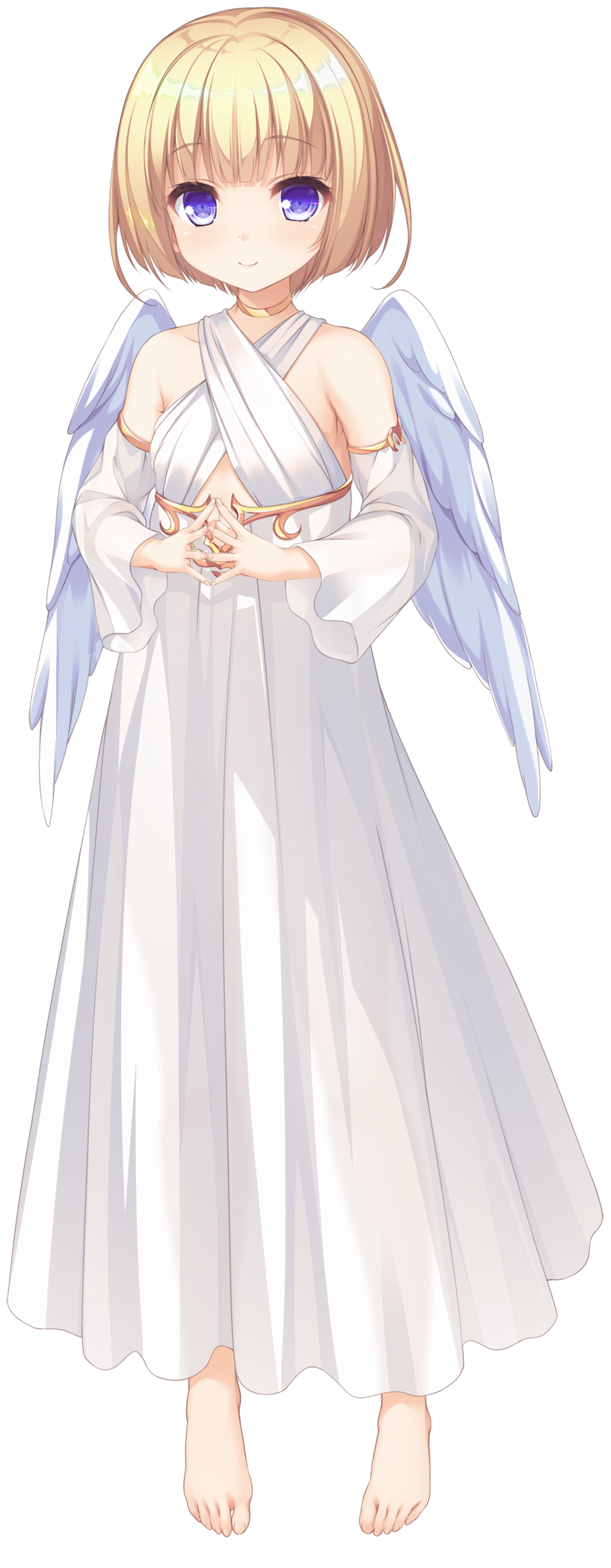 1girl angel_wings barefoot blonde_hair blue_eyes detached_sleeves dress eyebrows_visible_through_hair feathered_wings full_body highres jewelry long_dress mikagami_mamizu neck_ring official_art parfil short_hair smile solo steepled_fingers transparent_background white_dress white_wings wings world_election