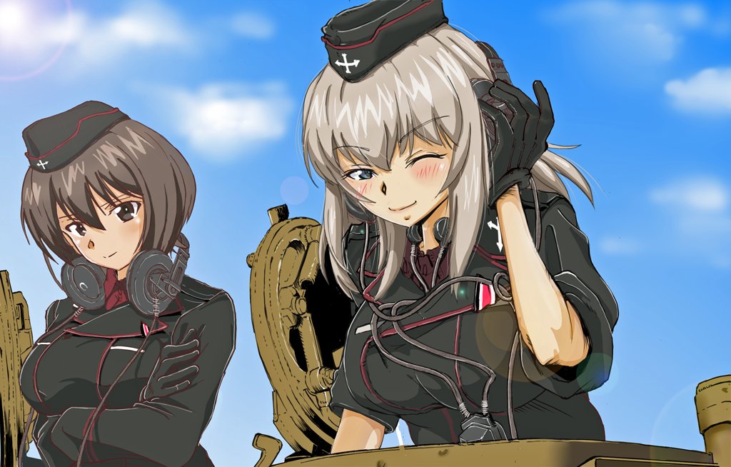 2girls ;) bangs black_gloves black_headwear black_jacket blue_eyes blue_sky brown_eyes brown_hair closed_mouth clouds cloudy_sky commentary_request crossed_arms day dress_shirt eyebrows_visible_through_hair garrison_cap girls_und_panzer gloves half-closed_eye hand_on_headphones hat headphones insignia itsumi_erika jacket kuromorimine_military_uniform long_sleeves looking_at_viewer medium_hair military military_hat military_uniform multiple_girls nakamura_3sou nishizumi_maho one_eye_closed outdoors red_shirt shirt short_hair silver_hair sky sleeves_rolled_up smile tank_cupola throat_microphone uniform wing_collar