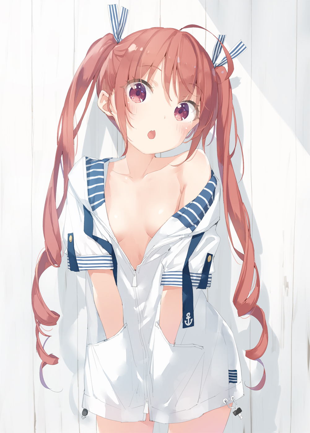 1girl ahoge bangs blush breasts collarbone drill_hair eyebrows_visible_through_hair fanbox_reward fang hair_ribbon hands_in_pockets hazuki_watora highres jacket long_hair looking_at_viewer naked_jacket open_mouth original paid_reward red_eyes redhead ribbon short_sleeves small_breasts solo standing twin_drills twintails two_side_up wavy_hair