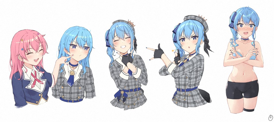 2girls \m/ anemachi bike_shorts blue_eyes blue_hair blush bra closed_eyes cowboy_shot envyvanity fingerless_gloves gloves grey_headwear hair_down hair_ribbon hololive hoshimachi_suisei long_hair looking_at_viewer multiple_girls open_mouth plaid_headwear plaid_jacket poking ribbon smile tsuki_ni_kawatte_oshioki_yo underwear virtual_youtuber