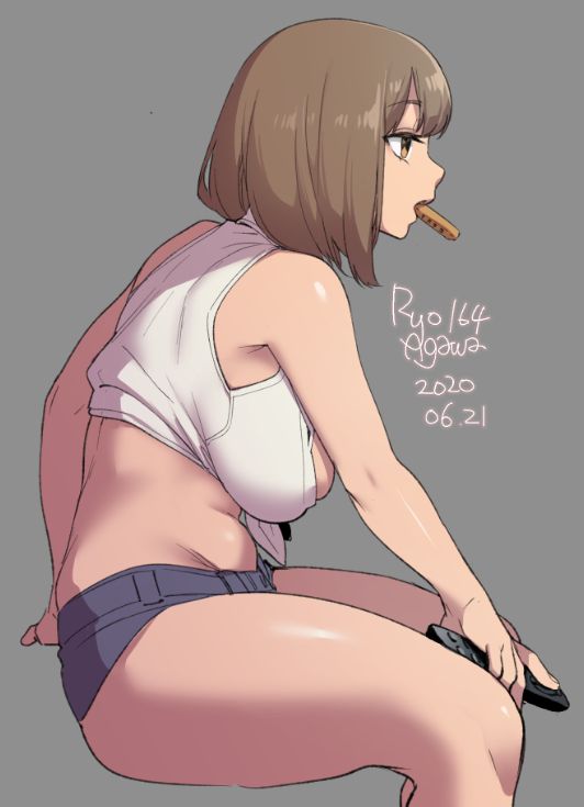 1girl 2020 agawa_ryou bare_shoulders belly breasts brown_eyes brown_hair commentary controller dated food_in_mouth large_breasts original plump remote_control shirt short_hair short_shorts shorts signature solo thick_thighs thighs tied_shirt