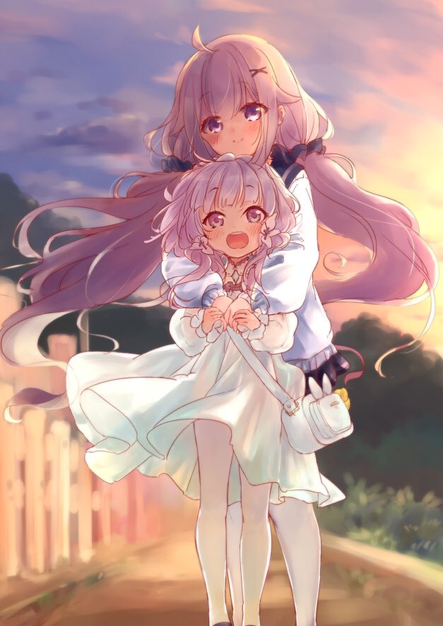 2girls ahoge azur_lane bag blue_eyes blush dress dress_lift ekuramani eyebrows_visible_through_hair flower hair_flower hair_ornament hair_ribbon hairclip little_illustrious_(azur_lane) long_hair messy_hair multiple_girls pink_eyes pink_hair pleated_skirt purple_hair ribbon sailor_collar school_uniform serafuku skirt smile twintails unicorn_(azur_lane) white_dress white_legwear wind wind_lift younger