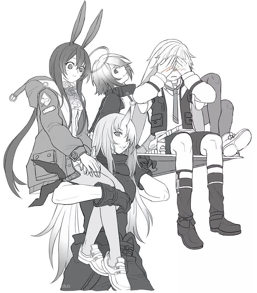 1boy 3girls amiya_(arknights) angel animal_ears arknights artist_request blush bunny_boy bunny_girl carrying_over_shoulder commentary_request doctor embarrassed exusiai_(arknights) food gloves greyscale halo holding_shield hood hooded_jacket jacket jewelry kroos_(arknights) long_hair monochrome multiple_girls multiple_rings onigiri rabbit_ears ring shield short_hair shorts tall_female