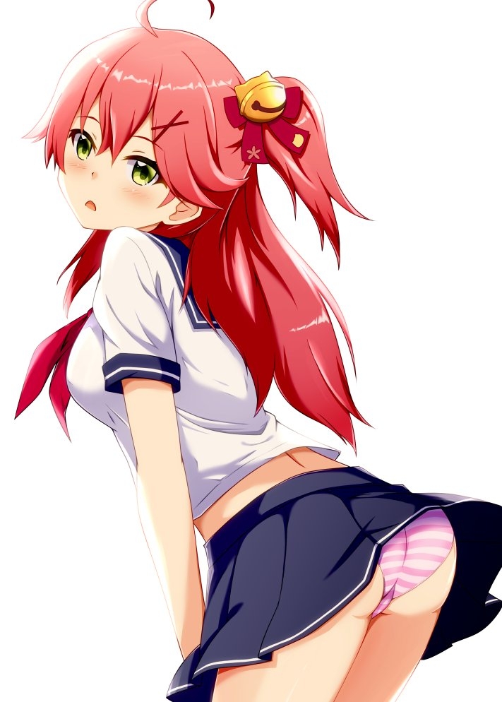 1girl ahoge alternate_costume ass bell blush fuji_(n_fuji125) green_eyes hair_bell hair_ornament hololive long_hair open_mouth panties pink_hair pink_panties sakura_miko skirt solo striped striped_panties underwear upskirt virtual_youtuber white_background