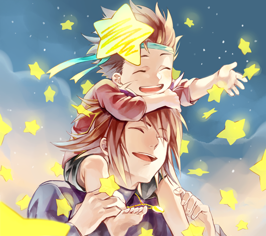 2boys brown_hair carrying closed_eyes father_and_son happy headband itou_(hgrk310) jewelry kratos_aurion lloyd_irving male_focus multiple_boys necklace pendant sitting_on_shoulder smile star_(symbol) tales_of_(series) tales_of_symphonia younger