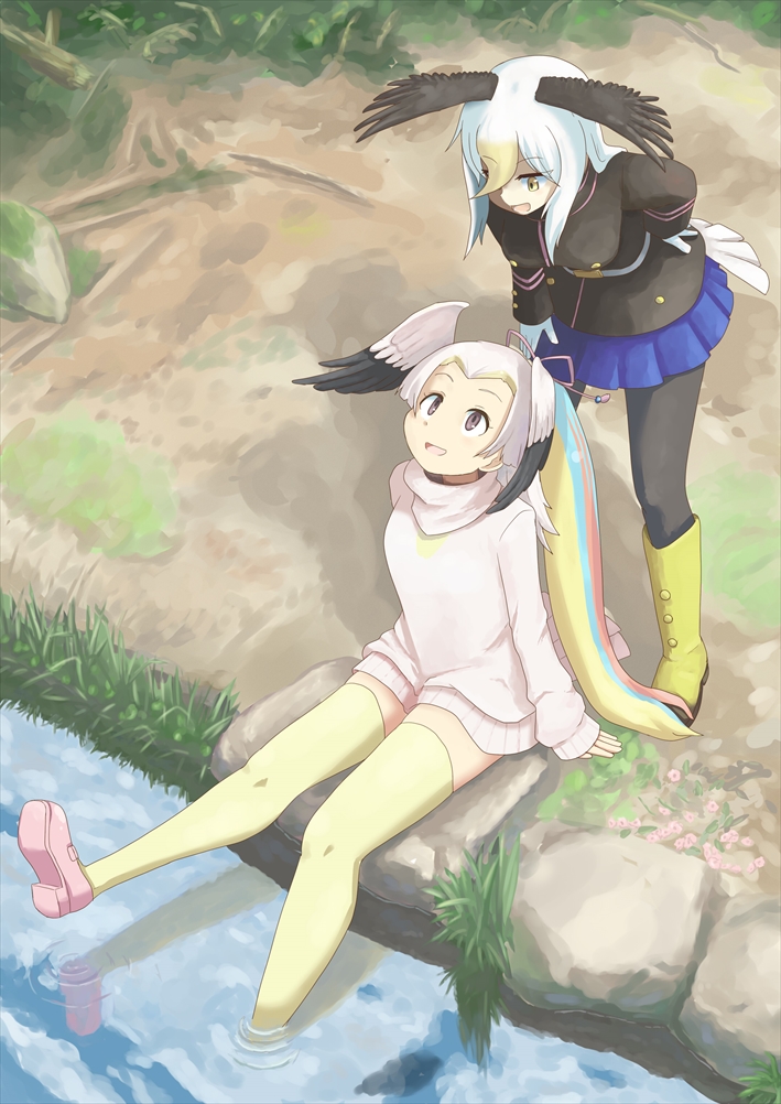 2girls arms_at_sides bald_eagle_(kemono_friends) bird_tail bird_wings black_jacket black_legwear blonde_hair blue_hair blue_skirt boots day eyebrows_visible_through_hair from_above great_white_pelican_(kemono_friends) hair_ribbon hand_on_hip hand_rest head_wings high_ponytail jacket leaning_forward long_hair long_sleeves looking_at_another looking_down looking_up medium_hair miniskirt multicolored_hair multiple_girls outdoors outstretched_leg pantyhose pink_footwear pink_hair pink_skirt pink_sweater plaid plaid_skirt redhead ribbon shoes sitting skirt standing sweater tail thigh-highs two-tone_hair violet_eyes water white_hair wings yellow_eyes yellow_footwear yellow_legwear zettai_ryouiki
