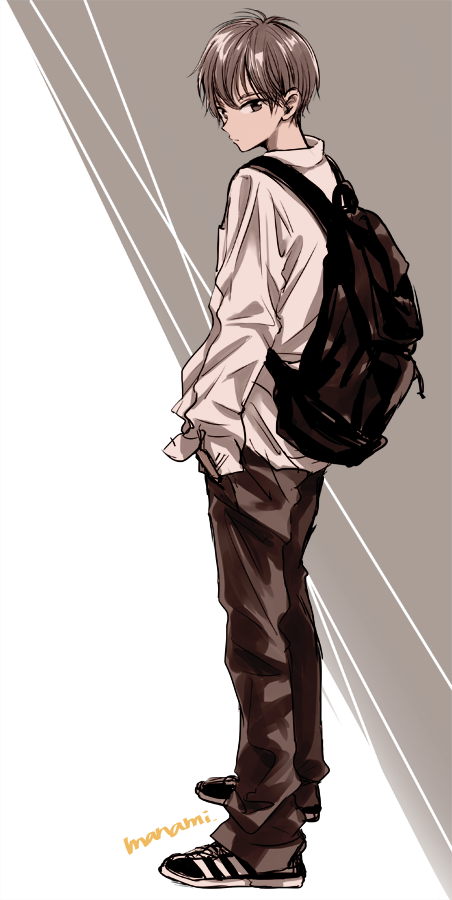 1boy backpack bag black_footwear brown_eyes brown_hair brown_pants full_body grey_background hair_between_eyes hand_in_pocket looking_at_viewer male_focus original pants shirt_tucked_in shoes signature sketch sneakers solo standing sugano_manami two-tone_background white_background