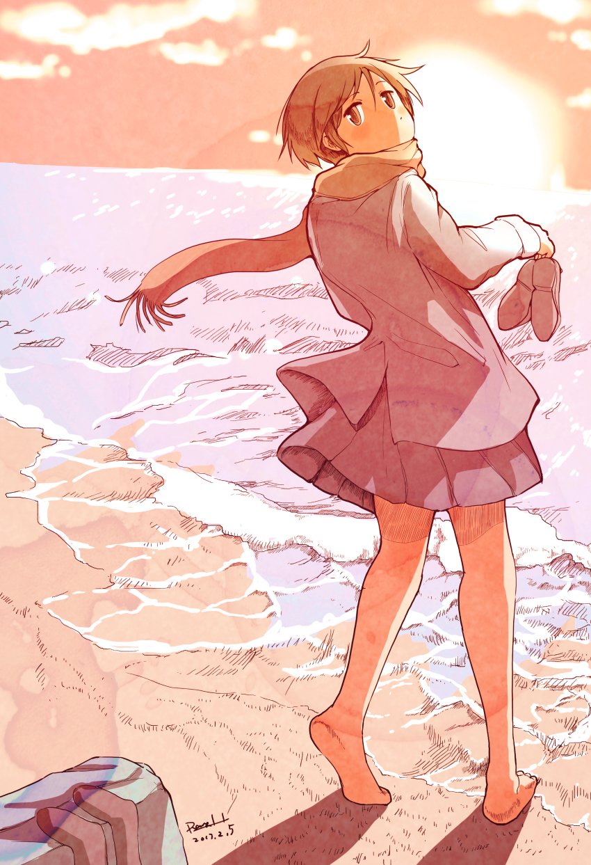 1girl barefoot beach blush brown_eyes brown_hair clouds cloudy_sky commentary_request dated dot_nose dusk full_body hasegawa_fumi highres holding holding_shoes jacket miniskirt ocean pleated_skirt rainydayjp sand scarf shoes short_hair signature skirt sky solo standing sun waves wind yuyushiki