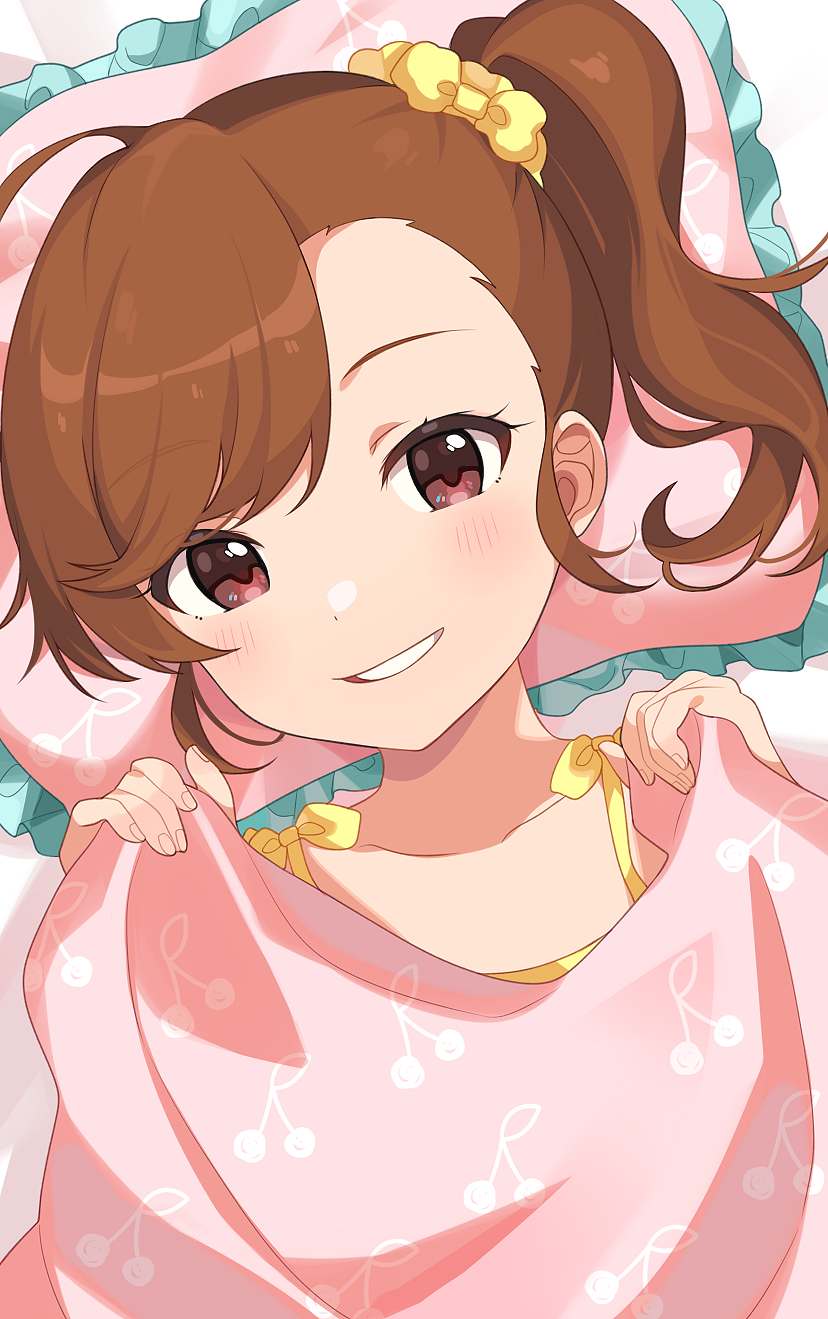 1girl bed_sheet bow brown_eyes brown_hair camisole cherry_print commentary_request food_print frilled_pillow frills futami_mami hair_bow hair_ornament hair_scrunchie hands_up highres idolmaster idolmaster_million_live! idolmaster_million_live!_theater_days lying naijow on_back pillow scrunchie side_ponytail solo under_covers yellow_bow yellow_camisole yellow_scrunchie