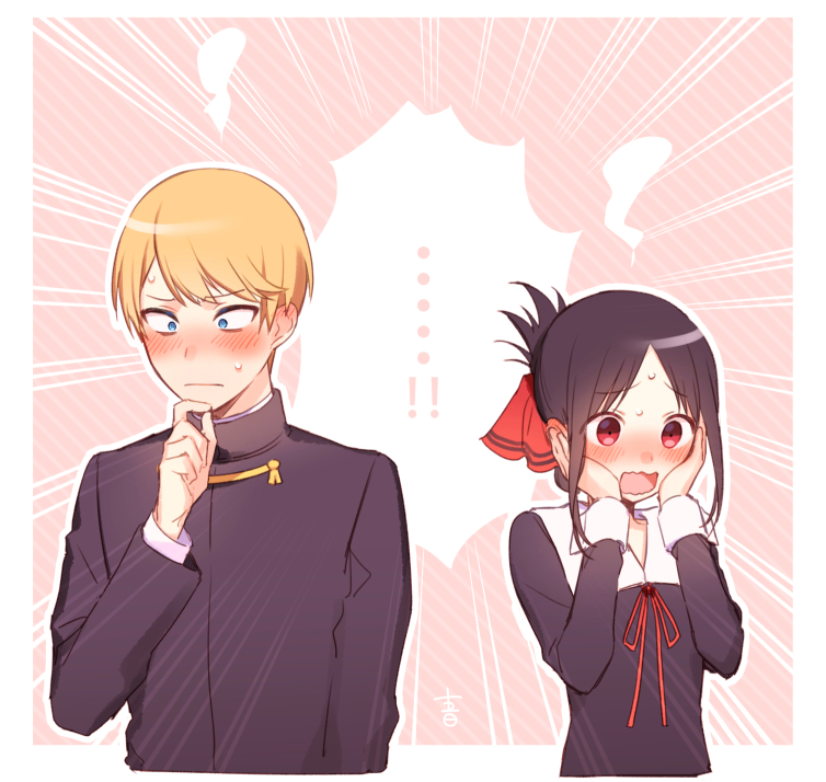 ... 1boy 1girl black_hair blonde_hair blue_eyes blush closed_mouth eyebrows_visible_through_hair folded_ponytail hair_ribbon hands_on_own_cheeks hands_on_own_face juugonichi_(wheeliex2) kaguya-sama_wa_kokurasetai_~tensai-tachi_no_renai_zunousen~ long_sleeves open_mouth red_neckwear ribbon school_uniform shinomiya_kaguya shirogane_miyuki short_hair sweatdrop wavy_mouth