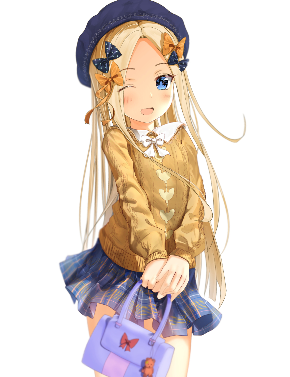 1girl abigail_williams_(fate/grand_order) bangs beige_sweater black_bow black_headwear blonde_hair blue_eyes blue_skirt blush bow breasts fate/grand_order fate_(series) forehead hair_bow hat highres long_hair looking_at_viewer multiple_bows one_eye_closed open_mouth orange_bow parted_bangs polka_dot polka_dot_bow sakazakinchan skirt small_breasts smile stuffed_animal stuffed_toy teddy_bear