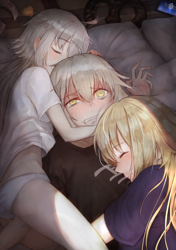 3girls bell black_shirt blonde_hair blush cellphone clenched_teeth clip_studio_paint_(medium) closed_eyes eyebrows_visible_through_hair fate/grand_order fate_(series) hair_between_eyes headwear_removed hug jeanne_d'arc_(alter)_(fate) jeanne_d'arc_(fate) jeanne_d'arc_(fate)_(all) jeanne_d'arc_alter_santa_lily long_hair lying mugiwara_boushi_(a26666221) multiple_girls on_back on_bed on_side panties phone pillow purple_shirt shirt silver_hair smartphone smile sweatdrop t-shirt teeth underwear white_panties white_shirt yellow_eyes