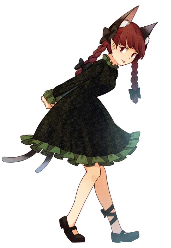 1girl :p animal_ear_fluff animal_ears black_footwear black_ribbon braid cat_ears cat_tail dress extra_ears frilled_skirt frilled_sleeves frills green_dress kaenbyou_rin leg_ribbon long_sleeves looking_at_viewer mary_janes multiple_tails nekomata red_eyes redhead ribbon shoes short_hair skirt smile solo tail tongue tongue_out touhou twin_braids urin