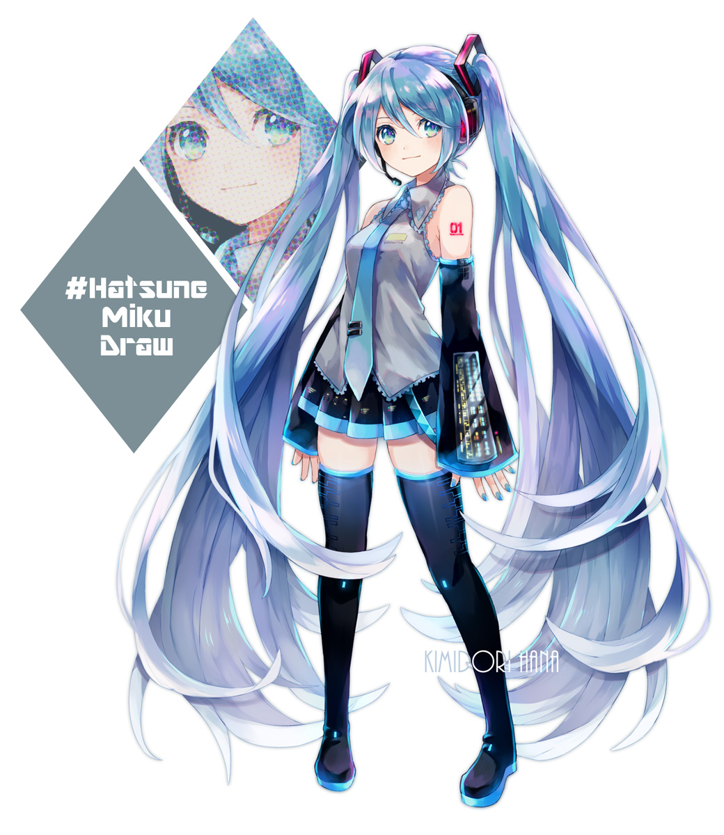 1girl aqua_nails artist_name bangs bare_shoulders belt black_legwear black_skirt black_sleeves blue_eyes blue_hair blue_neckwear boots character_name commentary derivative_work detached_sleeves eyebrows_visible_through_hair full_body grey_shirt hair_between_eyes hair_ornament hana_(mew) hashtag hatsune_miku headphones headset highres light_smile long_hair looking_at_viewer miniskirt nail_polish necktie number_tattoo pleated_skirt projected_inset shirt shoulder_tattoo skirt sleeveless sleeveless_shirt solo standing tattoo thigh-highs thigh_boots tie_clip twintails very_long_hair vocaloid vocaloid_boxart_pose white_background