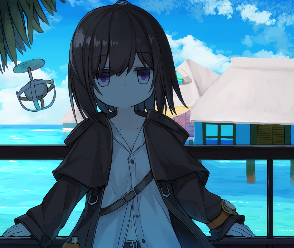 1girl bangs belt belt_buckle black_belt black_hair black_jacket blue_sky buckle building closed_mouth clouds cloudy_sky collarbone collared_shirt day dress_shirt drone eyebrows_visible_through_hair hair_between_eyes jacket long_sleeves navel open_clothes open_jacket original outdoors palm_tree shiho_(yuuhagi_(amaretto-no-natsu)) shirt sky sleeves_past_wrists solo tree upper_body violet_eyes white_shirt yuuhagi_(amaretto-no-natsu)