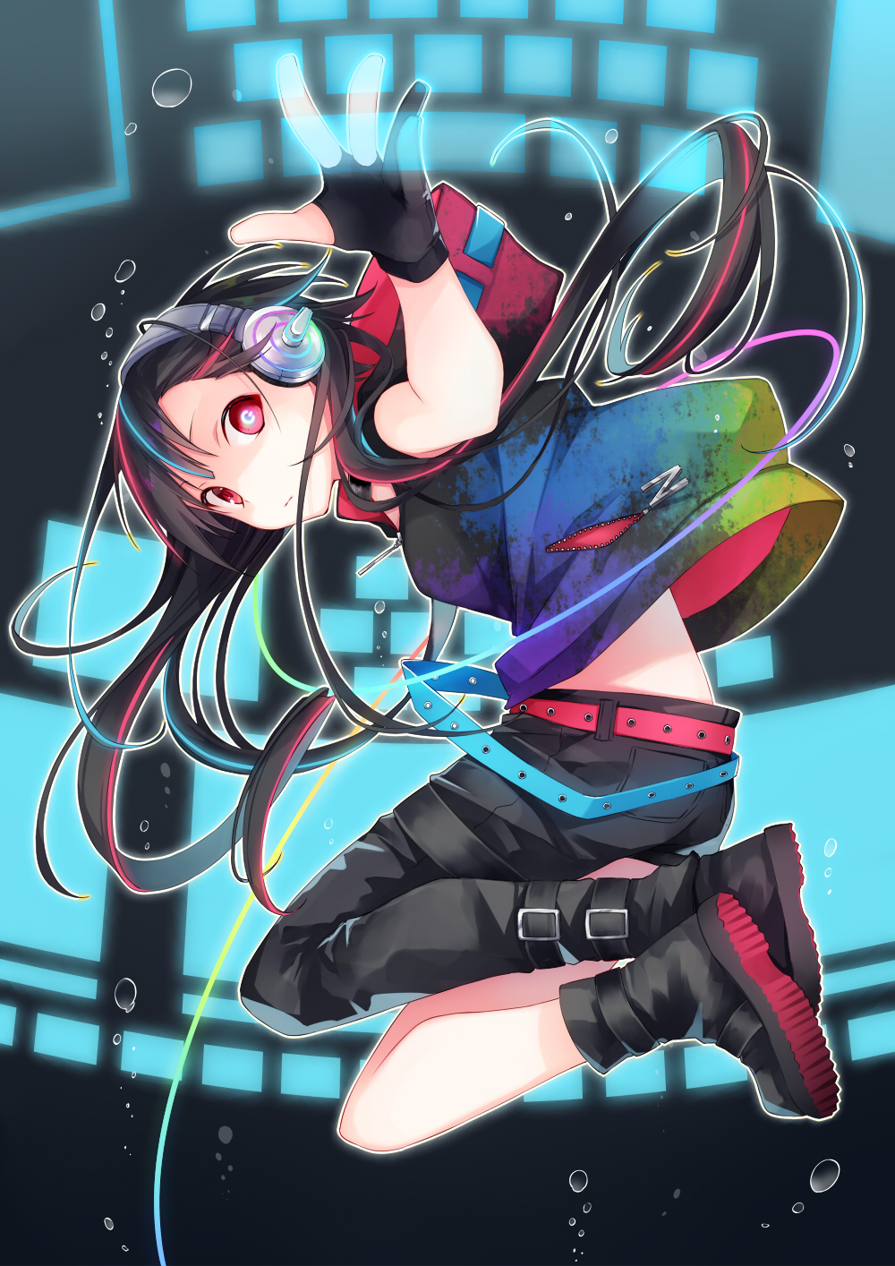 1girl air_bubble belt black_gloves black_hair blue_hair bubble commentary denim dive_to_zone english_commentary eyebrows_visible_through_hair fingerless_gloves floating_hair gloves hair_between_eyes headphones highres hood hoodie jeans jumping kuroi_(liar-player) long_hair looking_at_viewer looking_to_the_side multicolored_hair outstretched_arm painttool_sai_(medium) pants power_symbol red_eyes redhead short_sleeves solo symbol-shaped_pupils