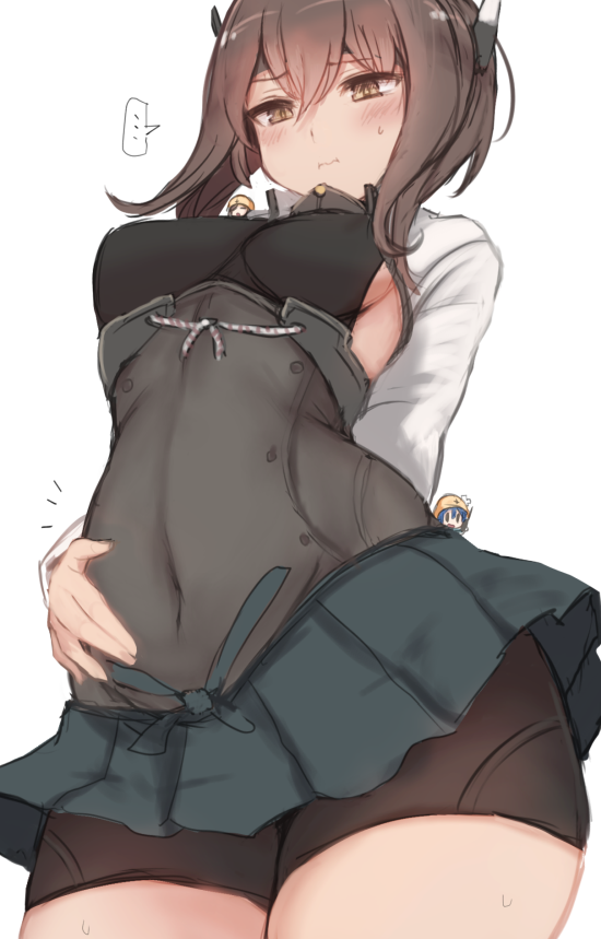 1girl 3girls arm_behind_back bike_shorts blush breasts brown_eyes brown_hair commentary_request covered_navel cowboy_shot fairy_(kantai_collection) from_below hands_on_own_stomach headband headgear kantai_collection long_sleeves multiple_girls short_hair small_breasts solo standing taihou_(kantai_collection) thighs utopia wavy_mouth