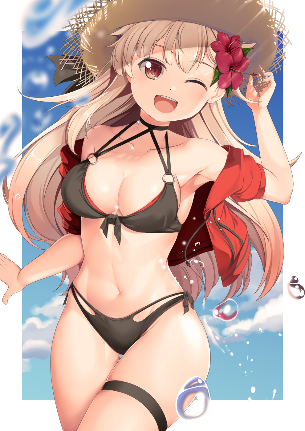 1girl armpits bikini black_bikini blonde_hair blush breasts collarbone cowboy_shot eyebrows_visible_through_hair groin hat highres jacket kantai_collection large_breasts long_hair navel one_eye_closed open_mouth red_eyes red_jacket remodel_(kantai_collection) short_sleeves smile solo sun_hat swimsuit yasume_yukito yuudachi_(kantai_collection)